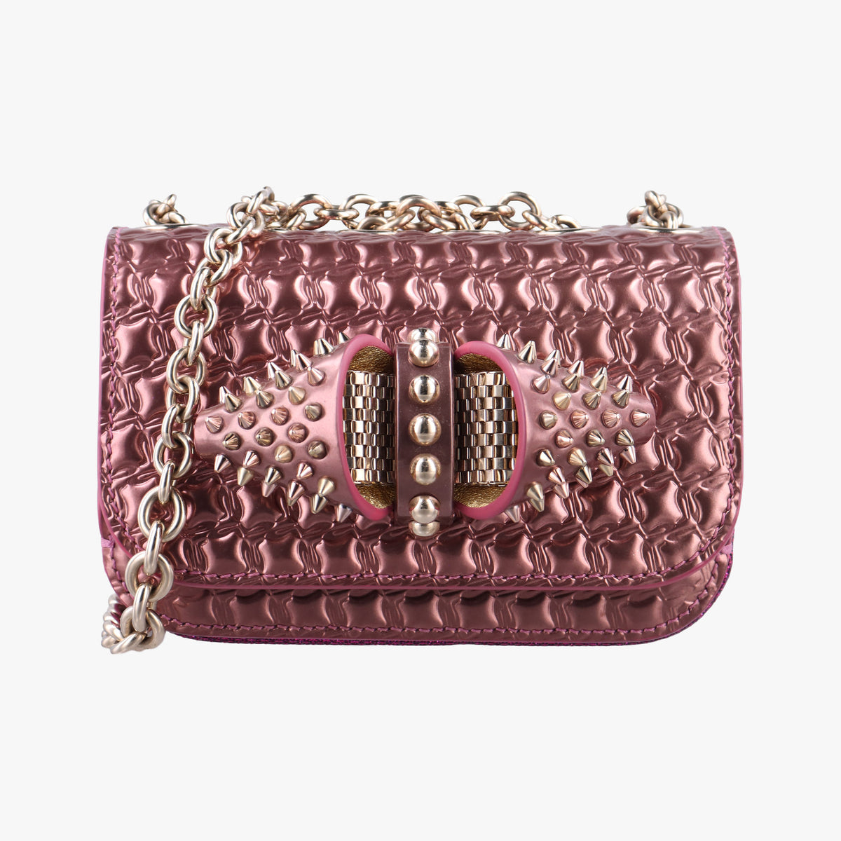 Pre-owned Christian Louboutin Sweet Charity Scarabe Spike Pink Patent  shoulderbag | stylenewstar