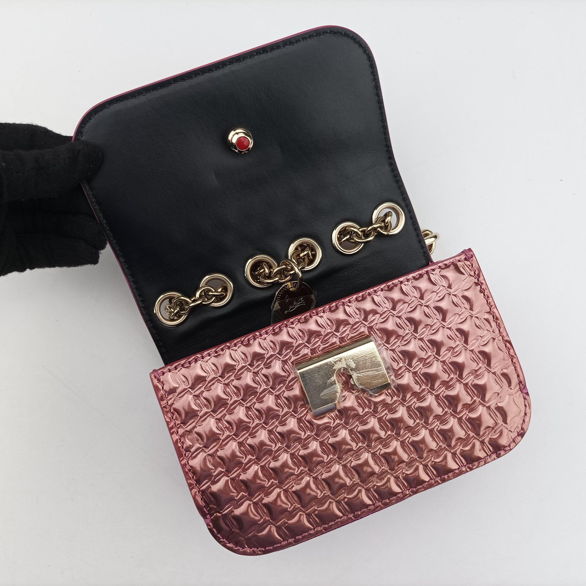 Pre-owned Christian Louboutin Sweet Charity Scarabe Spike Pink Patent  shoulderbag | stylenewstar