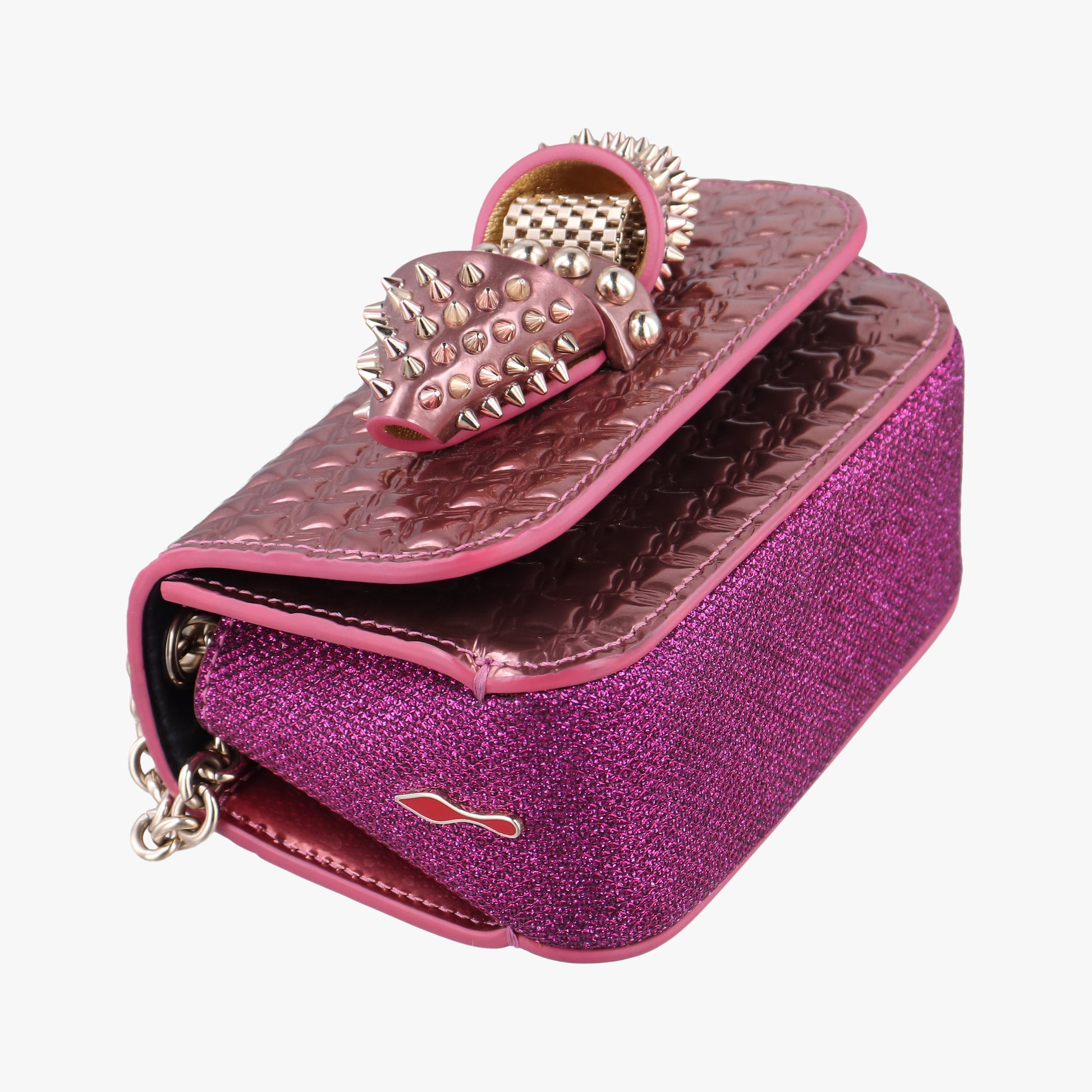 Pre-owned Christian Louboutin Sweet Charity Scarabe Spike Pink Patent  shoulderbag | stylenewstar