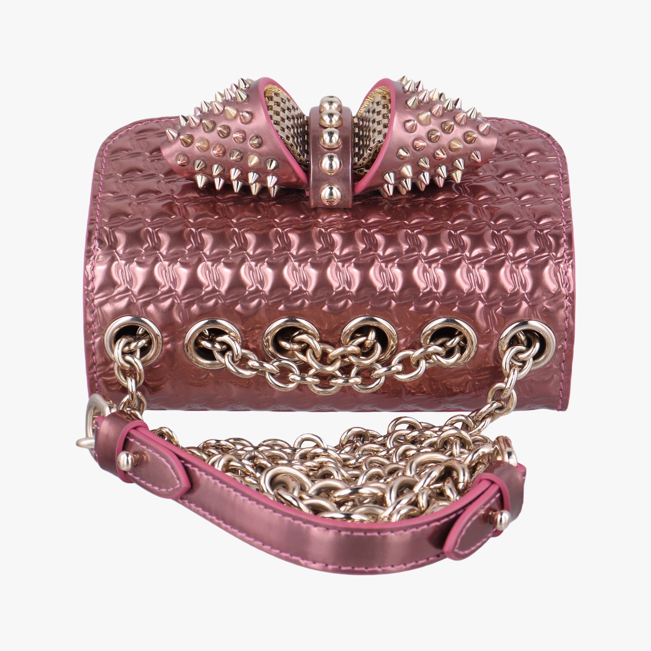 Pre-owned Christian Louboutin Sweet Charity Scarabe Spike Pink Patent  shoulderbag | stylenewstar