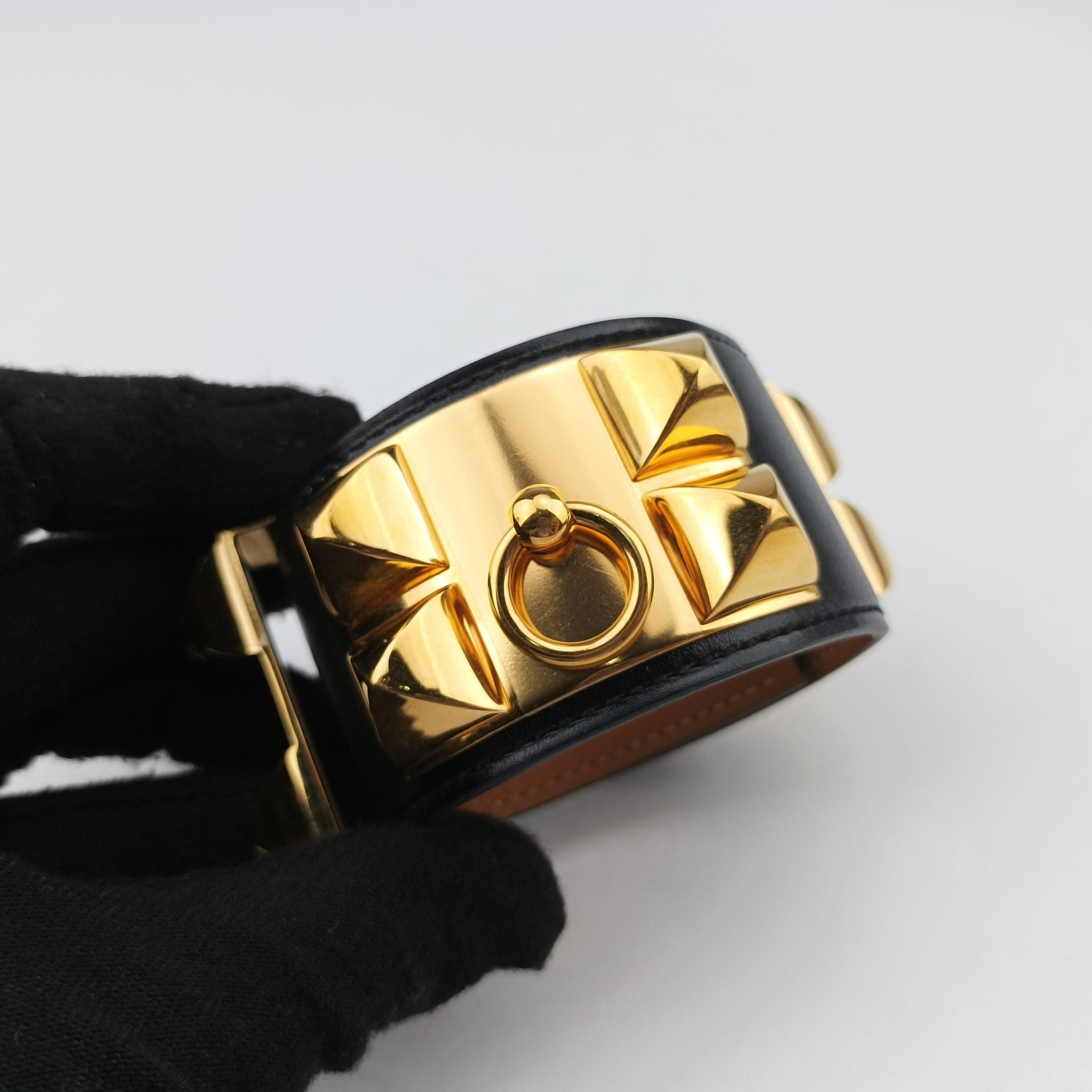 Pre-owned Hermes Collier de Chien Black×golden Leather × GP  bangle/wristband | stylenewstar