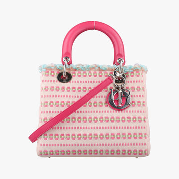 Medium Tweed Sequin Lady Dior Pink×Blue Canvas×Leather 02-MA-1123ミディアムツイード スパンコール レディ ディオール ピンク×ブルー キャンバス×レザー 02-MA-1123