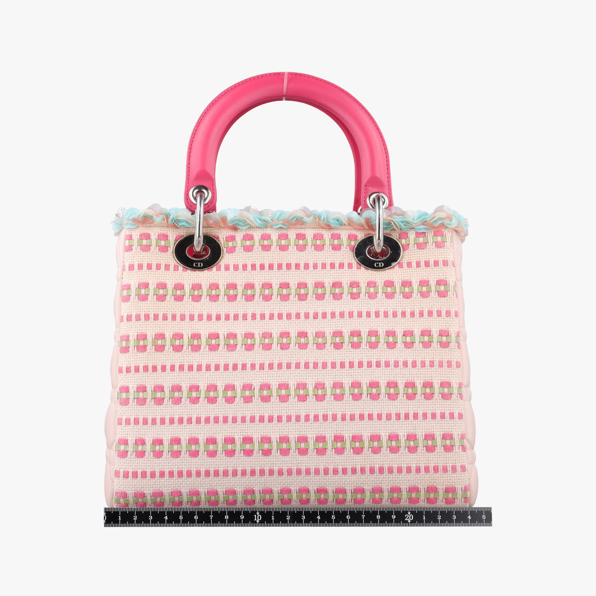Medium Tweed Sequin Lady Dior Pink×Blue Canvas×Leather 02-MA-1123ミディアムツイード スパンコール レディ ディオール ピンク×ブルー キャンバス×レザー 02-MA-1123