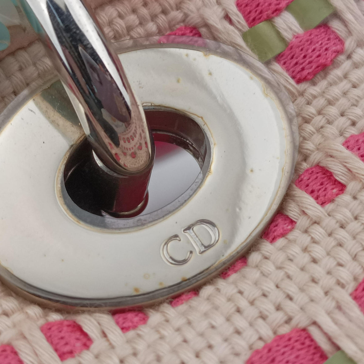 Medium Tweed Sequin Lady Dior Pink×Blue Canvas×Leather 02-MA-1123ミディアムツイード スパンコール レディ ディオール ピンク×ブルー キャンバス×レザー 02-MA-1123