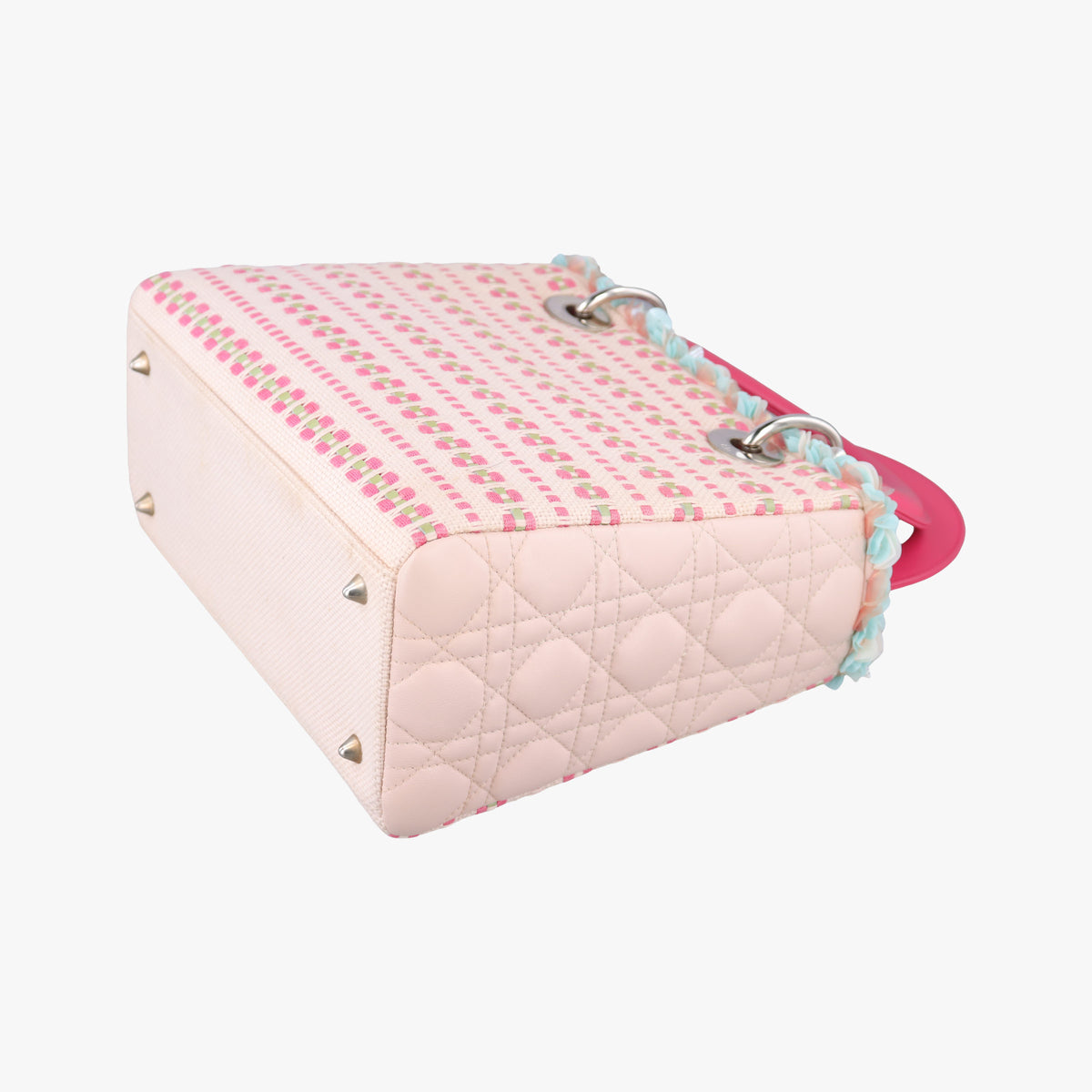 Medium Tweed Sequin Lady Dior Pink×Blue Canvas×Leather 02-MA-1123ミディアムツイード スパンコール レディ ディオール ピンク×ブルー キャンバス×レザー 02-MA-1123
