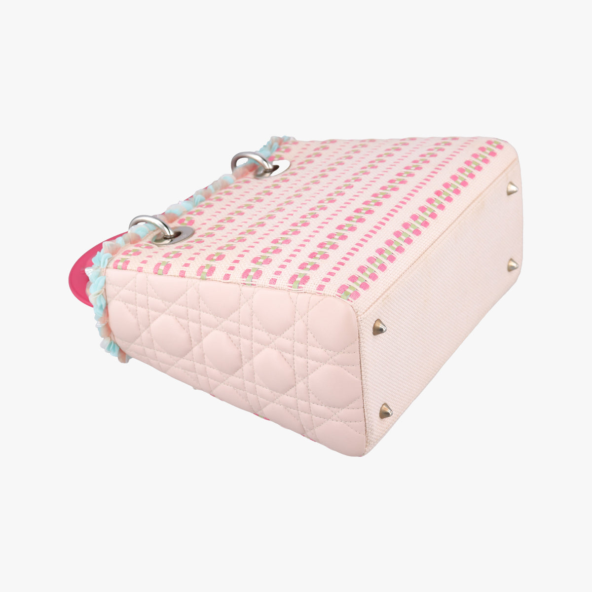 Medium Tweed Sequin Lady Dior Pink×Blue Canvas×Leather 02-MA-1123ミディアムツイード スパンコール レディ ディオール ピンク×ブルー キャンバス×レザー 02-MA-1123